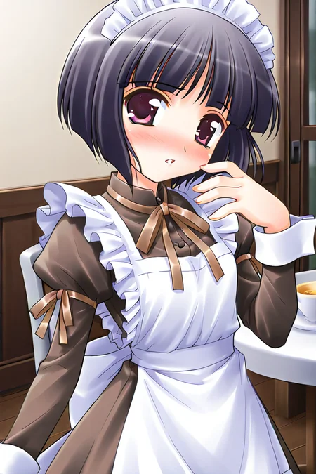 masterpiece, best quality, absurdres, official art, official style, general BREAK <lora:arisakashiina_IL_v1-2:0.7>, arisaka shiina, 1girl, solo, purple eyes, black hair, purple hair, short hair, bob cut, blunt bangs, flat chest BREAK maid, pinafore dress, neck ribbon, brown ribbon, black dress, brown dress, juliet sleeves, arm ribbon, wrist cuffs, white apron, maid apron, frilled apron, back bow, white bow, hand up, table, chair, blush, embarrassed, looking at viewer, open mouth, parted lips, shame