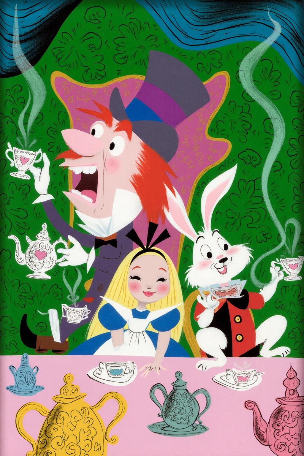 maryblair2 illustration. Three characters sit at a tea table. A girl with long blonde hair in a blue dress and white apron holds a teacup. To her left is a man with red hair and a tall hat, in a purple suit, holding a teapot. To her right is a white rabbit in a red and black outfit, holding a teacup. The table has ornate teapots and the background features a green landscape with swirling patterns and a pink ornate structure.  <lora:maryblair3_cap_d6a3e9:1.0><lora:855821602498084482:0>