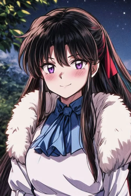 masterpiece, best quality 1girl Setsun4 solo long hair, (night time) forest background black hair very long hair purple eyes multicolored hair armor (fur trim) (medium body),<lora:EMS-179-EMS:0.800000>,<lora:EMS-293862-EMS:0.800000> bow, hair_bow, hair_tubes, red_bow, brown_hair, long_hair, bangs, ascot, frilled_bow, yellow_ascot, blush, smile, hair_between_eyes, athletic