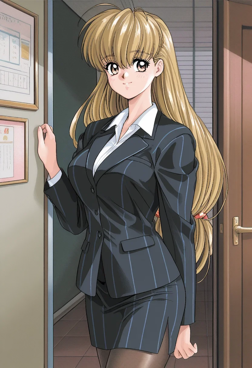 (sfw), 1girl, candymink, blonde hair, long hair, brown eyes, large breasts, retro artstyle, 1990s (style), black jacket, suit, skirt, pantyhose, blush, smile, looking at viewer, shiny skin, indoors, best quality, amazing quality, very aesthetic, absurdres, <lora:candymink_ill:1>