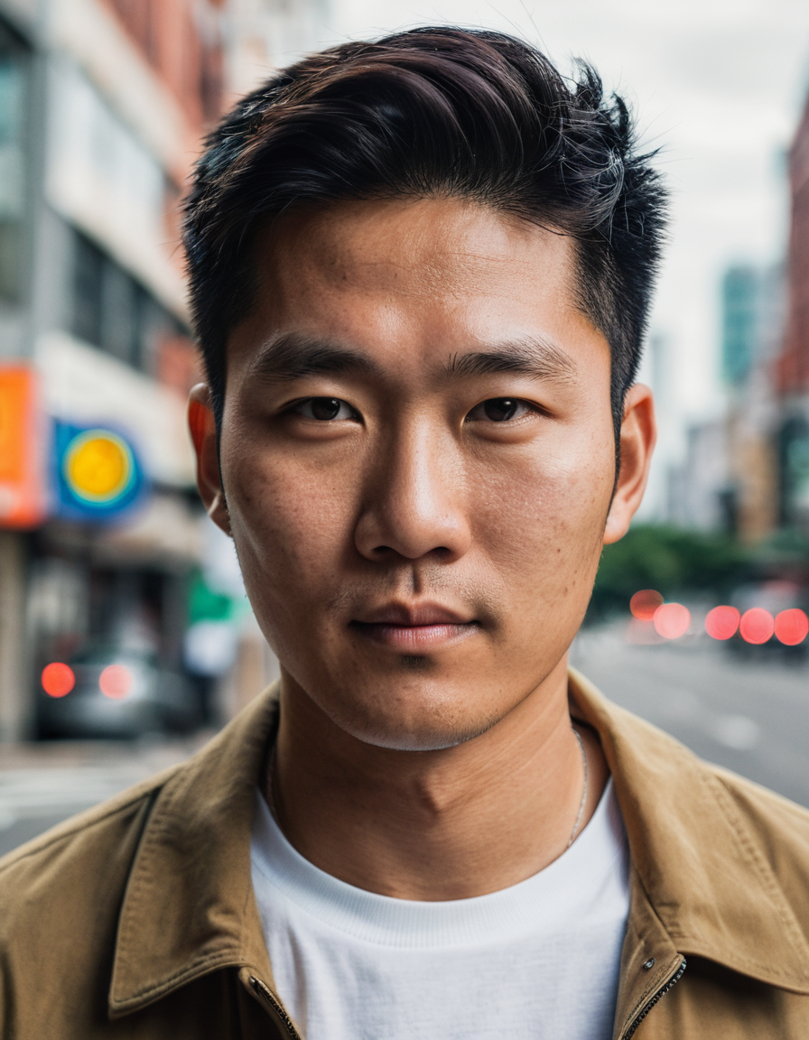 analog photo, closeup portrait photo of a 28 y.o asian man, natural skin, looks at viewer, city street