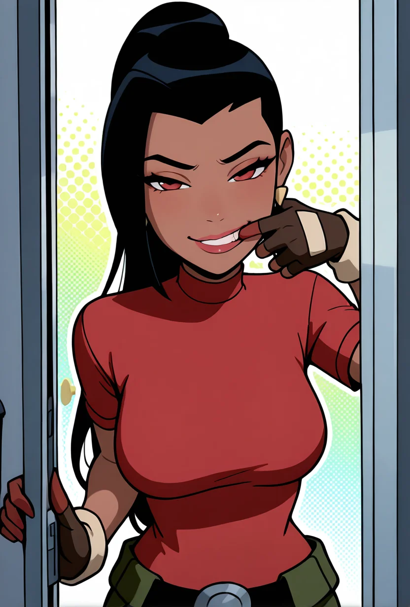 <lora:ovkai-10:1> ovkai, 1girl, long hair, black hair, dark skin, ponytail, earrings, lips, red shirt, short sleeves, turtleneck, green cargo shorts, fingerless gloves, ((cartoon, screencap)), dynamic pose, expressive, amazing quality, best quality, facial expression , smile, biting nail, open door, seductive, half closed eyes, upper body, halftone effect, white borders, abstract background:1.2,, masterpiece, best quality, amazing quality, very aesthetic, absurdres, newest,