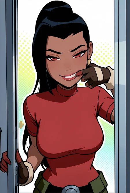 <lora:ovkai-10:1> ovkai, 1girl, long hair, black hair, dark skin, ponytail, earrings, lips, red shirt, short sleeves, turtleneck, green cargo shorts, fingerless gloves, ((cartoon, screencap)), dynamic pose, expressive, amazing quality, best quality, facial expression , smile, biting nail, open door, seductive, half closed eyes, upper body, halftone effect, white borders, abstract background:1.2,, masterpiece, best quality, amazing quality, very aesthetic, absurdres, newest,