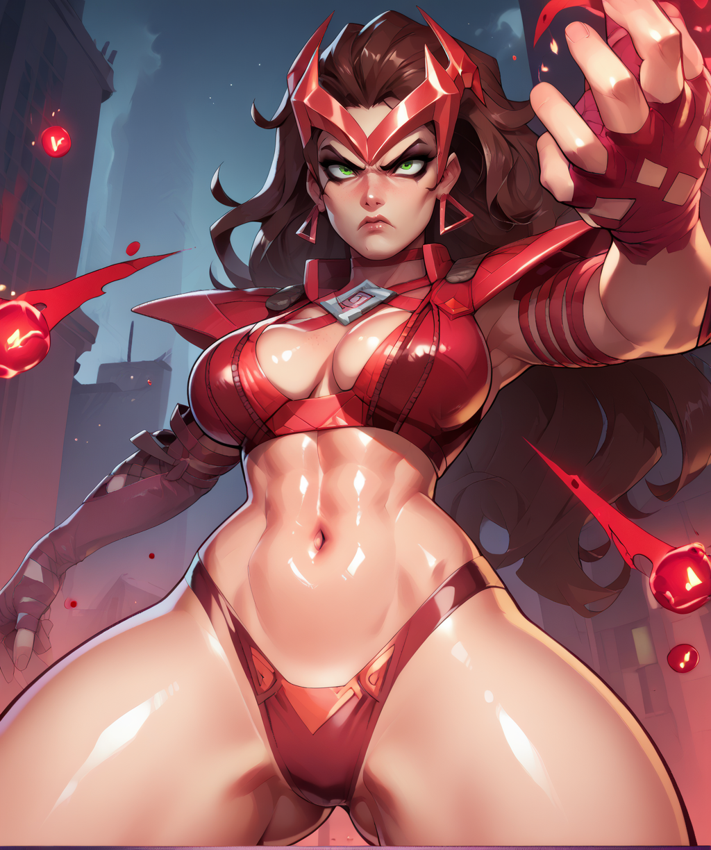 score_9, score_8_up, score_7_up, score_6_up, score_5_up, score_4_up, 
wandamrxl, green eyes, makeup, brown hair, long hair, angry, makeup, 
headpiece, red armored bikini, earrings, shoulder pads, serious, fingerless gloves, hip, navel, cleavage, shiny skin, 
red magic, floating, legs apart, large breasts, from below, 
floating embers, darkness, 
night, city, red effects, 
<lora:WandaMRxl:1>, arm_up,