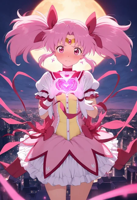 masterpiece,best quality,amazing quality,
a powerful magical girl in a radiant pink and white frilly outfit, transforming for Valentine's Day with explosive heart-shaped magical energy and dazzling glowing sparkles, determined and confident expression, intricately detailed magical girl outfit with flowing ribbons and delicate lace, a breathtaking city skyline in the background bathed in golden sunset light, dramatic and dynamic lighting, inspired by classic magical girl anime, epic Valentine's Day magical transformation,