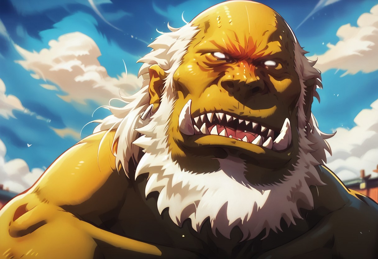 score_9, score_8_up, score_7_up, score_6_up,  1boy, facial hair, outdoors, sky, sharp teeth, muscular, cloudy sky, colored skin, bald, teeth