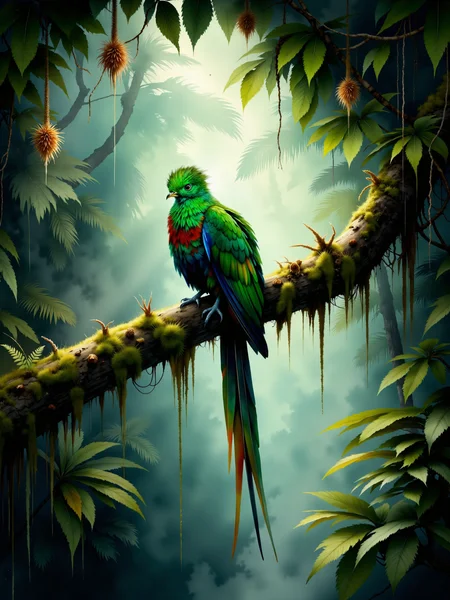 detailed watercolor painting, realistic nature illustration of the resplendent quetzal in a costa rican cloud forest, the bird's head has a crest of green feathers, its eyes are solid black, the quetzalâs body is primarily an iridescent emerald green, which can shift in color, sometimes appearing bluish, while its belly is a rich red, the quetzal is perched gracefully on a moss-covered branch, its very long tail feathers trailing elegantly behind, the quetzalâs crimson breast and golden beak stand out against the soft greens and blues of the surrounding cloud forest, the foreground showcases the branch draped in thick, velvety moss, with delicate orchids and bromeliads nestled along the bark, their vibrant colors and intricate shapes adding beauty to the scene, a few ferns and small epiphytes cling to the branch, enhancing the sense of a thriving ecosystem, in the background, the cloud forest is lush and verdant, with towering trees draped in vines and mist swirling gently through the canopy, the leaves of the trees are broad and glossy, reflecting the moist environment, patches of light break through the clouds, illuminating parts of the dense foliage and creating a soft, dappled effect, the atmosphere feels tranquil and mystical, with the mist giving the forest an ethereal quality, the resplendent quetzal is positioned prominently, drawing attention to its striking beauty as it perches in its natural habitat, the perspective is slightly below the quetzal, looking up toward the tree canopy, capturing the majesty of the bird and the towering trees that surround it, the scene evokes the sense of standing in a quiet, ancient forest, bathed in the cool, misty air of the cloud forest, the lighting is soft and diffused, with the natural light filtering through the mist and casting gentle highlights on the quetzalâs feathers, adding a glow to the vibrant greens and reds of the bird, the muted lighting enhances the otherworldly atmosphere of the forest, the watercolor technique is delicate and fluid, with soft washes of color creating the lush, layered textures of the cloud forest, the quetzalâs feathers are rendered with fine, translucent strokes that capture the birdâs ethereal beauty, the overall mood is serene and awe-inspiring, showcasing the unique splendor of the quetzal in its cloud forest home, dark corners, crepuscular rays, volumetric lighting, intricate details, quaint, picturesque, painterly, <lora:style-watercolor_painting-variant_2-flux-by_adel_ai:1.2> <lora:image_enhancer-flux-by_dever:0.6>