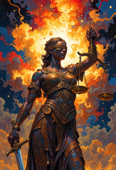 Lady Justice stands at the heart of a cosmic storm, blindfolded yet unshaken. Behind her, an explosion of molten gold, crimson, and deep blue erupts like the birth of a new universe, symbolizing the raw power of truth. Her bronze armor gleams with reflections of the fiery colors, and her blindfold flutters slightly in the wind. In her hands, the golden scales remain perfectly level, defying the chaos around her. Her silver sword, reflecting the explosionâs brilliance, points downward, its tip resting lightly on the ground, as if ready to act at a momentâs notice.