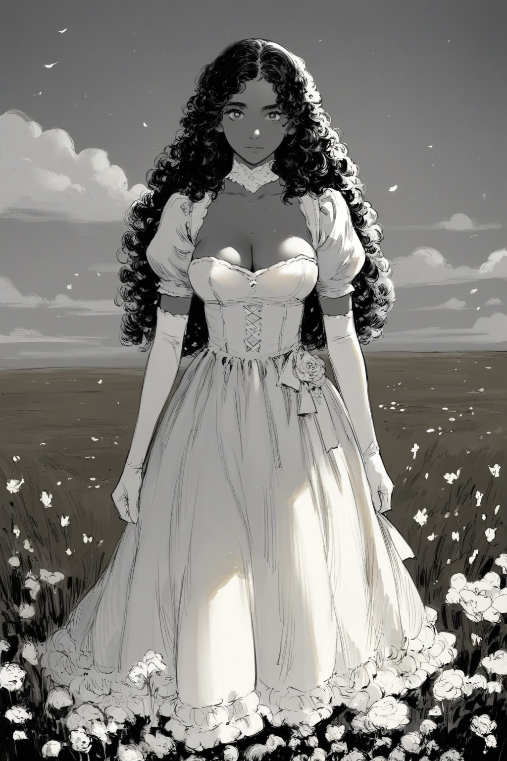 score_9, score_8_up, score_7_up, 1girl, solo, long hair, curly hair, wavy hair, looking at viewer, breasts, dress, white dress, puffy sleeves, puffy short sleeves, short sleeves, gloves, elbow gloves, white gloves, cowboy shot, closed mouth, standing, outdoors, field, flower, grass, plant, sky, monochrome, greyscale, <lora:godiva_grey:1>