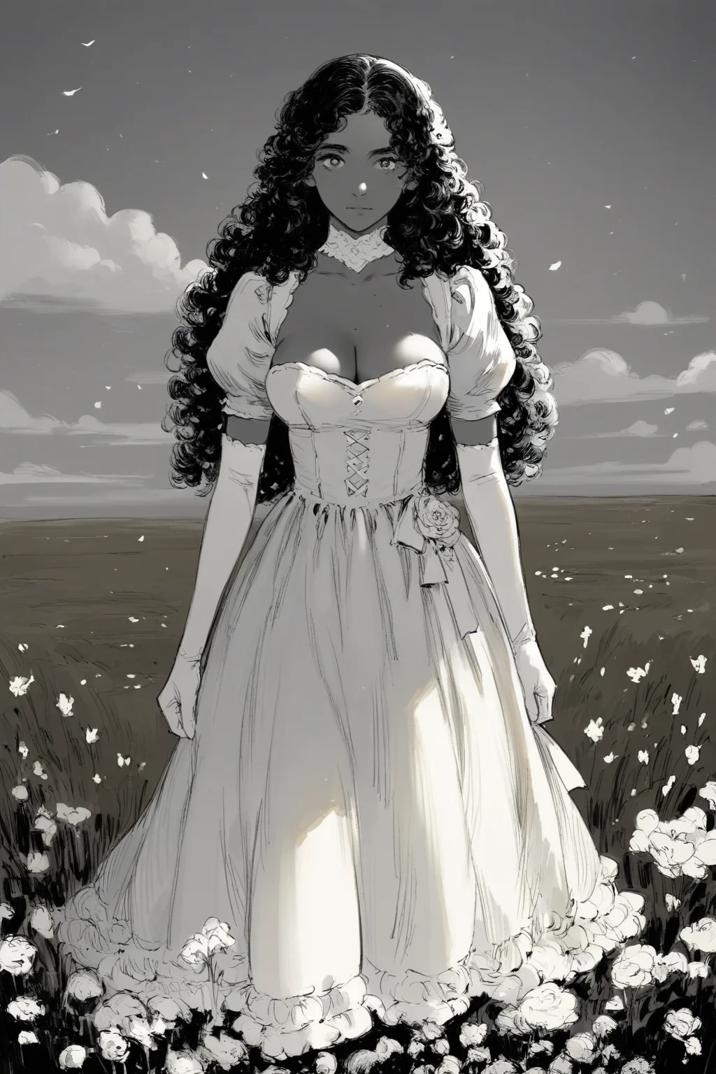 score_9, score_8_up, score_7_up, 1girl, solo, long hair, curly hair, wavy hair, looking at viewer, breasts, dress, white dress, puffy sleeves, puffy short sleeves, short sleeves, gloves, elbow gloves, white gloves, cowboy shot, closed mouth, standing, outdoors, field, flower, grass, plant, sky, monochrome, greyscale, <lora:godiva_grey:1>