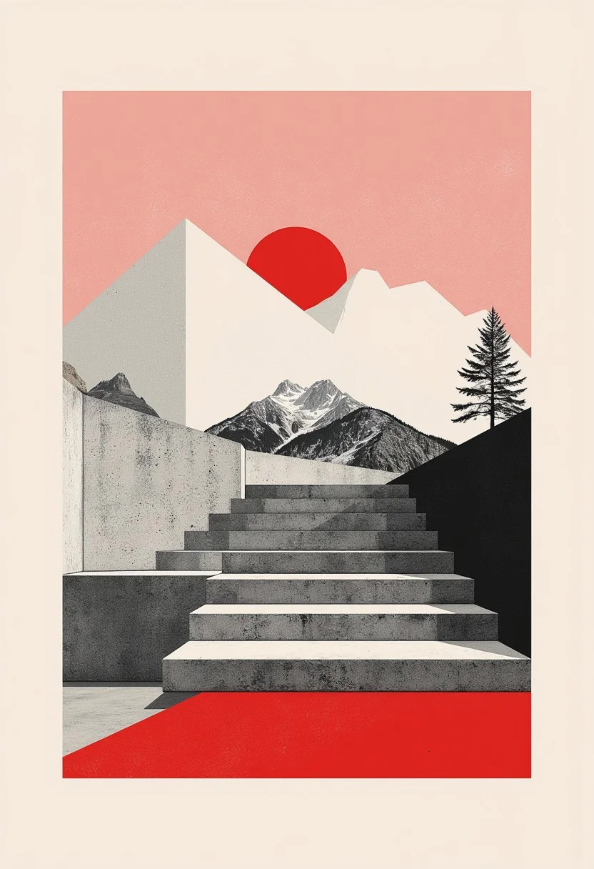 Overlayed text. Large, thin sans serif font black text reads: "Swiss Design". A set of concrete stairs blended into distant mountains, simple in function, an illustration with a red color pop.
<lora:Swiss_Design:0.8> sw1ssdes1gn