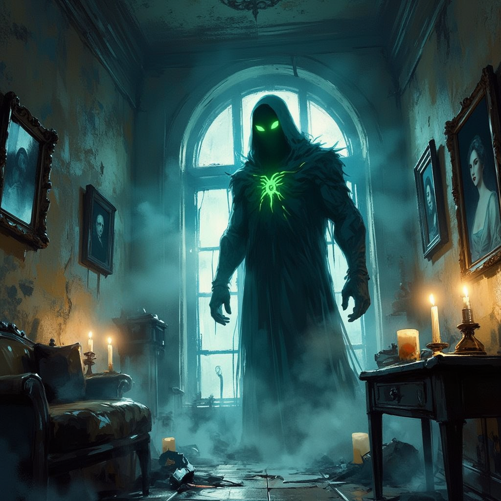 Special Ink-drawing mode, soft lighting with dynamic highlights, A sinister ghost floats through an ancient, haunted mansion, its ethereal form shimmering in shades of blue and green. The atmosphere is thick with mist, and faint whispers echo in the shadows. Flickering candlelight reveals crumbling walls adorned with faded portraits, adding to the eerie ambiance