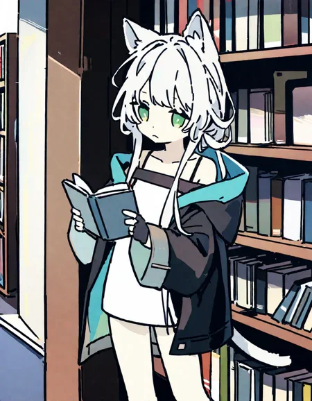 1girl,
rosmontis \(arknights\),
solo, green eyes, flat chest, animal ears, cat ears, white hair, library, frown, hair between eyes, animal ear fluff, looking to the side, long hair, book, cat tail, shirt, holding book, bare legs, jacket, tail, off shoulder, standing, gloves, black jacket, holding, indoors, cat girl, collarbone, bookshelf, black gloves, white shirt, fingerless gloves, legs apart,
masterpiece, best quality, safe
<lora:cyoroama_xl_v1-000011:1>