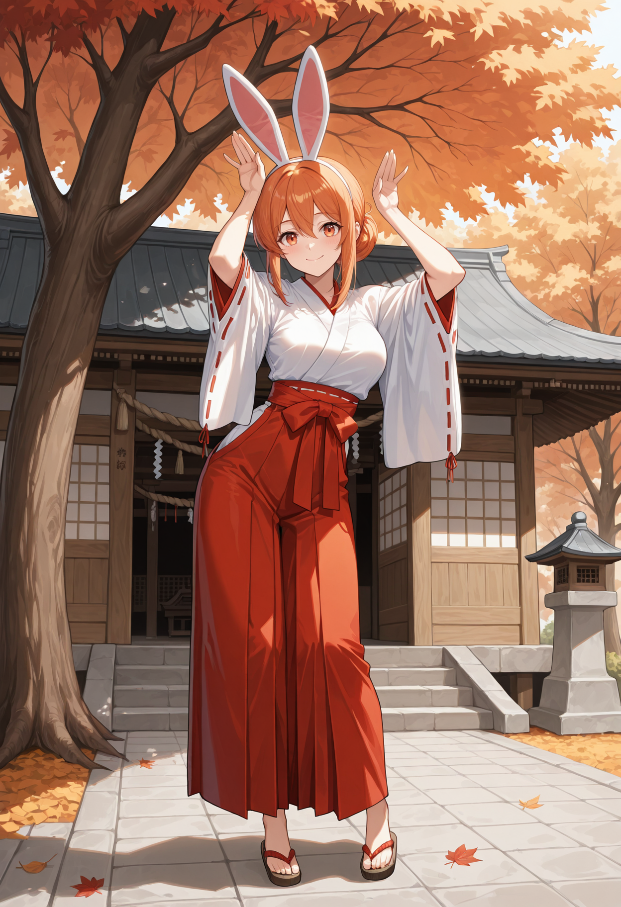 masterpiece, best quality, highres, absurdres, 1girl, solo, yghmm, medium breasts, orange hair, hair between eyes, sidelocks, single hair bun, miko, japanese clothes, red hakama, white kimono, ribbon trim, outdoors, rabbit pose, arms up, leaning to the side, standing, full body, orange eyes, wide sleeves, hakama skirt, sandals, shrine, east asian architecture, tree, autumn, autumn leaves, fake animal ears, rabbit ears, looking at viewer, closed mouth, smile
