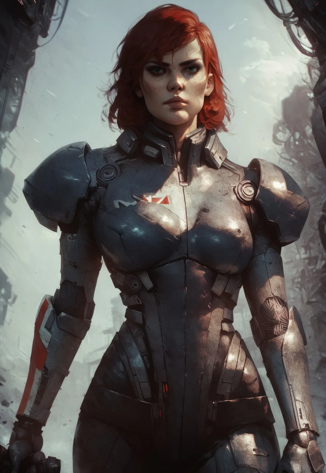 score_9, score_8_up, score_7_up, score_6_up,
1girl, HD, solo, femshepxl, red hair, green eyes, medium hair, bodysuit, armor, holding a gun,
front view, waist up,
futuristic city background