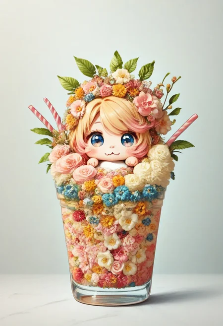 score_9, score_8_up, score_7_up, best quality, fine detail, 1girl, solo, cute, (milkshake chibi), chibi, in glass, candy flowers, (gradient hair blue roots pink tips), vibrant colors, strong shadows, floral background, slimes_flowerwm