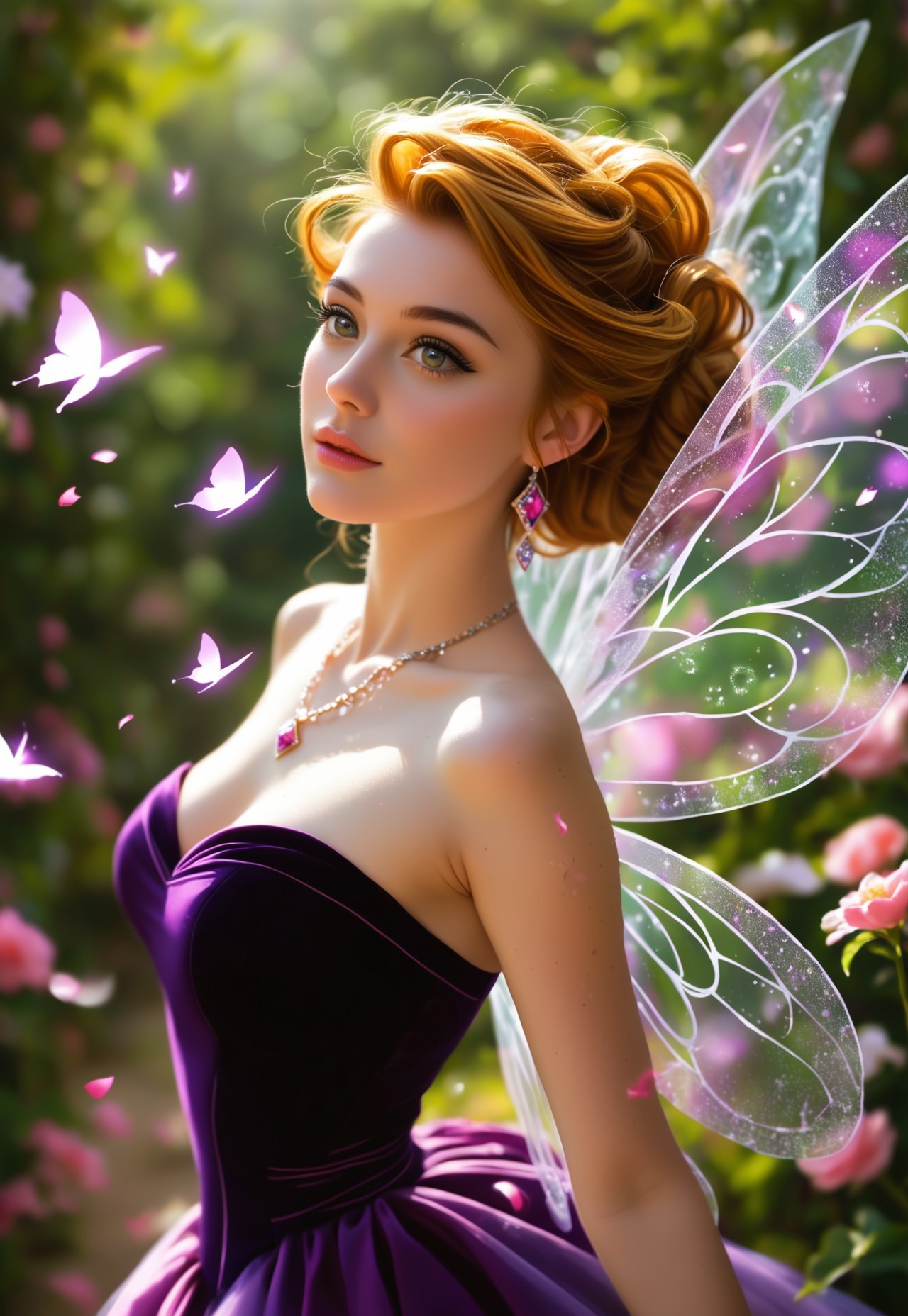 A radiant fairy with delicate, translucent wings that shimmer like diamond dust, and hair the color of lavender, softly curling around her face. Her skin is a soft, pearlescent pink, glowing with an inner light. Her eyes are a brilliant amethyst, sparkling with magic and joy. Arched, delicate eyebrows complement her playful expression. Her nose is small and slightly upturned, adding to her charming appearance. Her lips are full and rosy, slightly parted as if whispering enchantments. Her slender shoulders are bare, revealing intricate, glowing tattoos of flowers and vines. Her chest is adorned with a necklace of tiny, glowing crystals, highlighting her ethereal beauty. Her abdomen is lean and graceful, leading to a tiny waist. Her lower body is draped in a flowing, iridescent skirt made of petals, dancing with every movement, revealing her lithe form. She stands in a magical garden, surrounded by blooming flowers and glowing butterflies, the air filled with the sweet scent of blossoms. Sunlight filters through the petals, casting a radiant glow on her enchanting features. Her eyes are wide open, marveling at the wonders around her, her expression full of delight and curiosity. A radiant fairy in a magical garden.
(enchanted fairy, upper body, fully clothed)
<lora:add-detail-xl:1>

