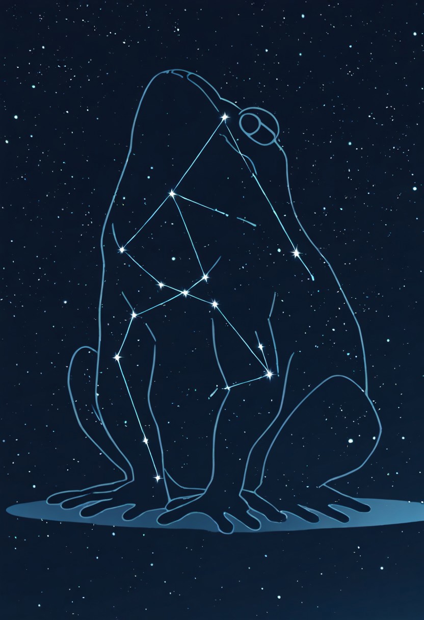 masterpiece, best quality, newest, absurdres, highres, anime, anime style, LSCV1.0, constellation, star (sky), starry sky, night sky, night, starry sky, no humans, animal, animal focus, frog, silhouette, monochrome,