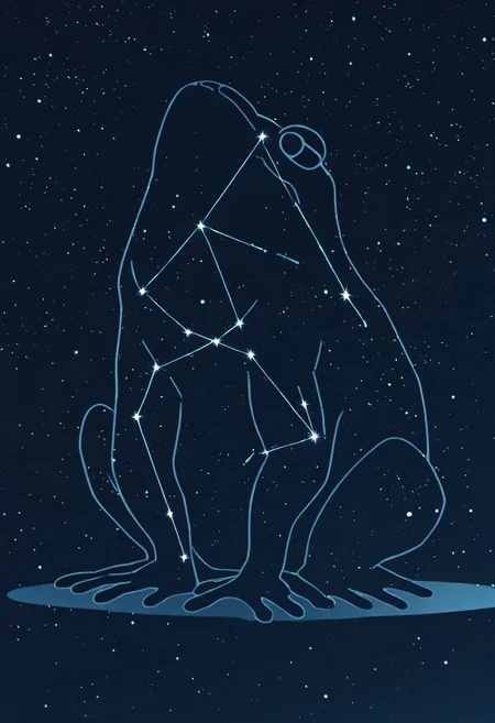 masterpiece, best quality, newest, absurdres, highres, anime, anime style, LSCV1.0, constellation, star (sky), starry sky, night sky, night, starry sky, no humans, animal, animal focus, frog, silhouette, monochrome,