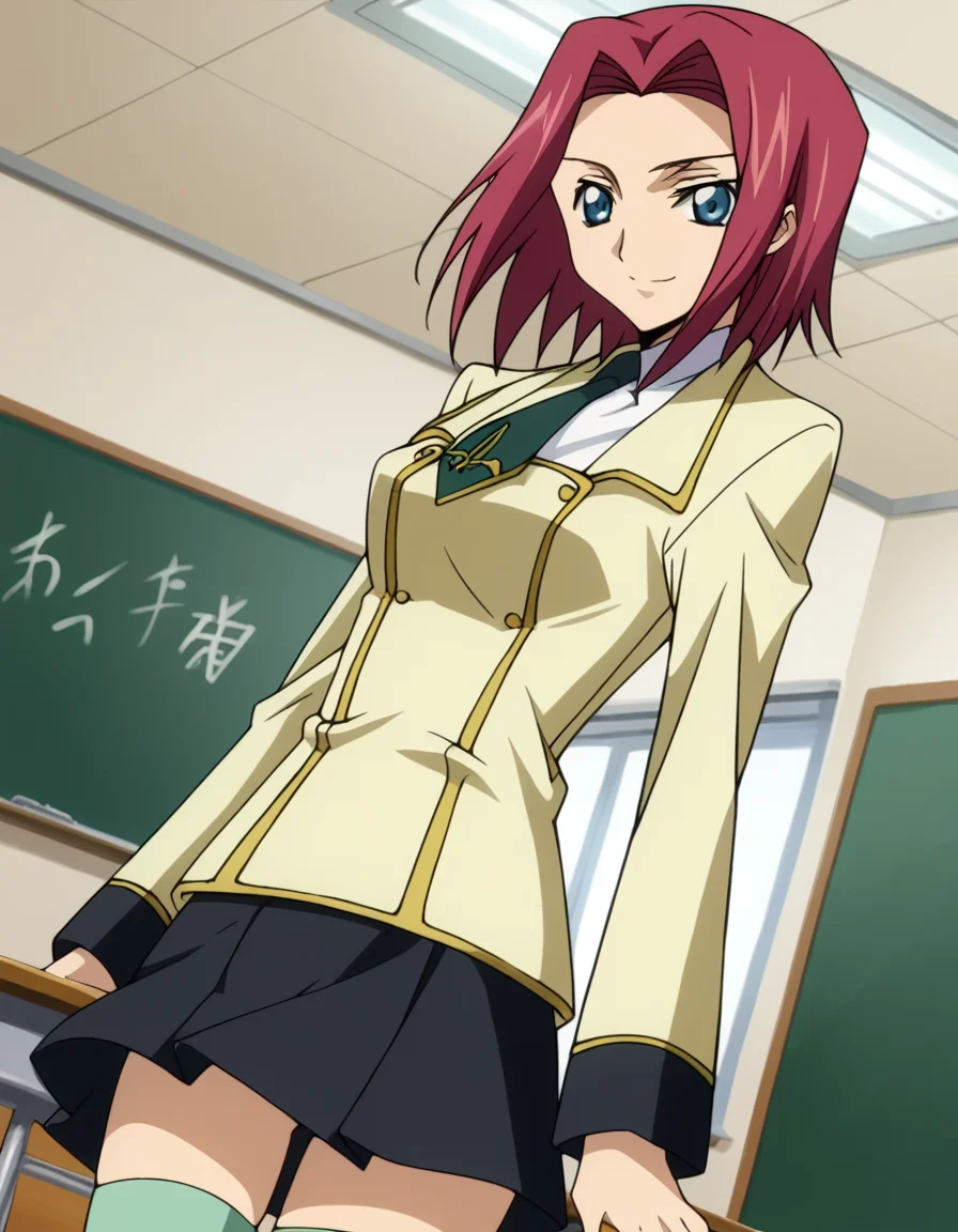 score_9, score_8_up, score_7_up, source_anime,
kallenstadtfeld, <lora:kallen-stadtfeld-s1-ponyxl-lora-nochekaiser:1>,
kallen stadtfeld, blue eyes, red hair, short hair,
ashford academy school uniform, long sleeves, miniskirt, school uniform, skirt, thighhighs, zettai ryouiki,
indoors, classroom, smile,
looking at viewer, cowboy shot, dutch angle, solo,