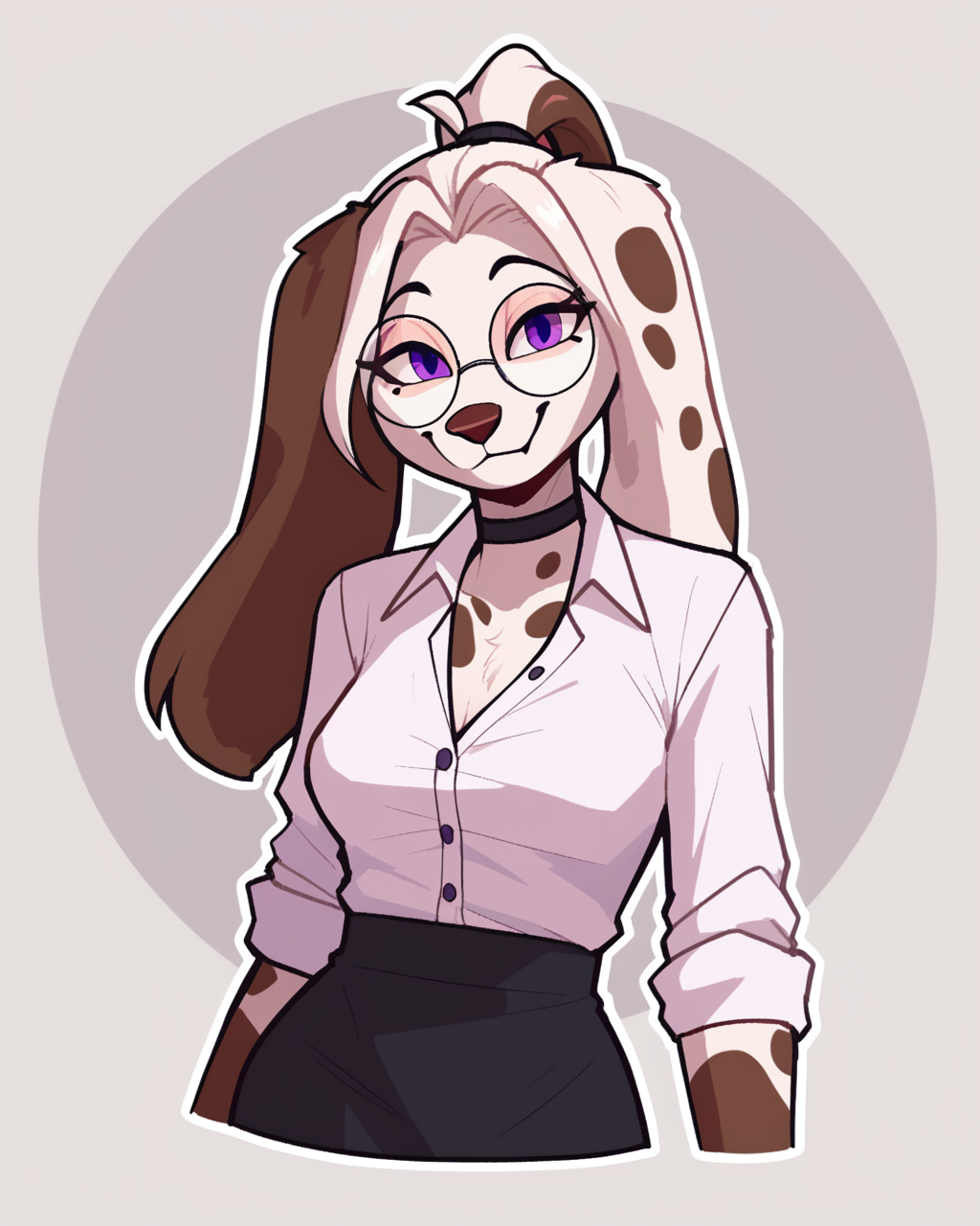 score_9_up, score_8_up, score_7_up, score_6_up, by remanedur, furry female, half-length portrait, dog, female, furry, white hair, purple eyes, round glasses, choker, dress shirt, pencil skirt, spotted body, white body, white ponytail, multicolored hair, long ears, ponytail, medium breasts, looking at viewer, smile, happy, head tilt, solo, three-quarter view, simple background, white outline, <lora:Leah_Pines(AIM)_XL_v1:0.15> <lora:PDXL_artist_tags_v2_big:0.5> <lora:The-Minuscule-Task_PDXL_v1.0:0.6> <lora:Molly_MllyMllyOxnFree:0.7>