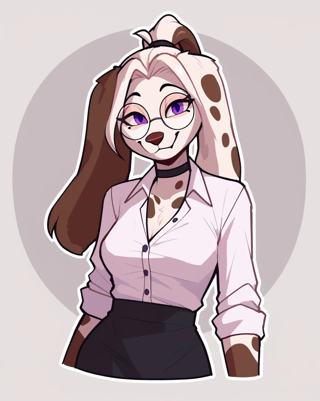 score_9_up, score_8_up, score_7_up, score_6_up, by remanedur, furry female, half-length portrait, dog, female, furry, white hair, purple eyes, round glasses, choker, dress shirt, pencil skirt, spotted body, white body, white ponytail, multicolored hair, long ears, ponytail, medium breasts, looking at viewer, smile, happy, head tilt, solo, three-quarter view, simple background, white outline, <lora:Leah_Pines(AIM)_XL_v1:0.15> <lora:PDXL_artist_tags_v2_big:0.5> <lora:The-Minuscule-Task_PDXL_v1.0:0.6> <lora:Molly_MllyMllyOxnFree:0.7>