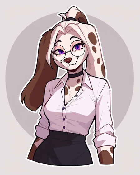 score_9_up, score_8_up, score_7_up, score_6_up, by remanedur, furry female, half-length portrait, dog, female, furry, white hair, purple eyes, round glasses, choker, dress shirt, pencil skirt, spotted body, white body, white ponytail, multicolored hair, long ears, ponytail, medium breasts, looking at viewer, smile, happy, head tilt, solo, three-quarter view, simple background, white outline, <lora:Leah_Pines(AIM)_XL_v1:0.15> <lora:PDXL_artist_tags_v2_big:0.5> <lora:The-Minuscule-Task_PDXL_v1.0:0.6> <lora:Molly_MllyMllyOxnFree:0.7>