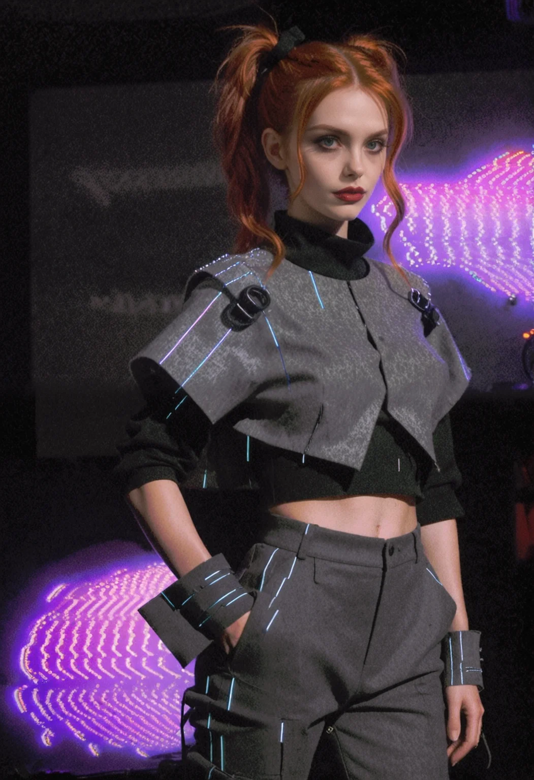 Glitch artwork. Promotional photography portraying a young serbian woman, standing in an alluring pose in a theme-cafe setting with holographic lighting. The hip-level shot's focus is on the woman's upper body, showcasing an avant-garde ensemble with a jacket over a top and pants combo she's wearing beneath. The outfit's color is mostly charcoal grey with shades of silver to accentuate. Her makeup features dark mascara on her blue eyes. She has copper red hair in a high, voluminous twintails style. Her look appears longing and absent-minded, her head slightly tilted sideways, gazing to the left, emphasizing the contemplative mood of the image. She is wearing an asymmetrical cloak made from a coarse felt material in charcoal grey with an large collar wrapping around the neck in an edgy and futuristic style. Worn on top of a crop top accentuated by a distressed look, combined with high-waisted oversized parachute pants with straps. Set in an empty hamlet with hovering virtual candles in a wireframe design pronouncing a scifi setting, with lush greenery. glitches, artifacts, chromatic aberration, heavy film grain, vhs recording, 90s footage, SD, analog blur <lora:dmd2_sdxl_4step_lora> <lora:xl_Retro_Glitch>