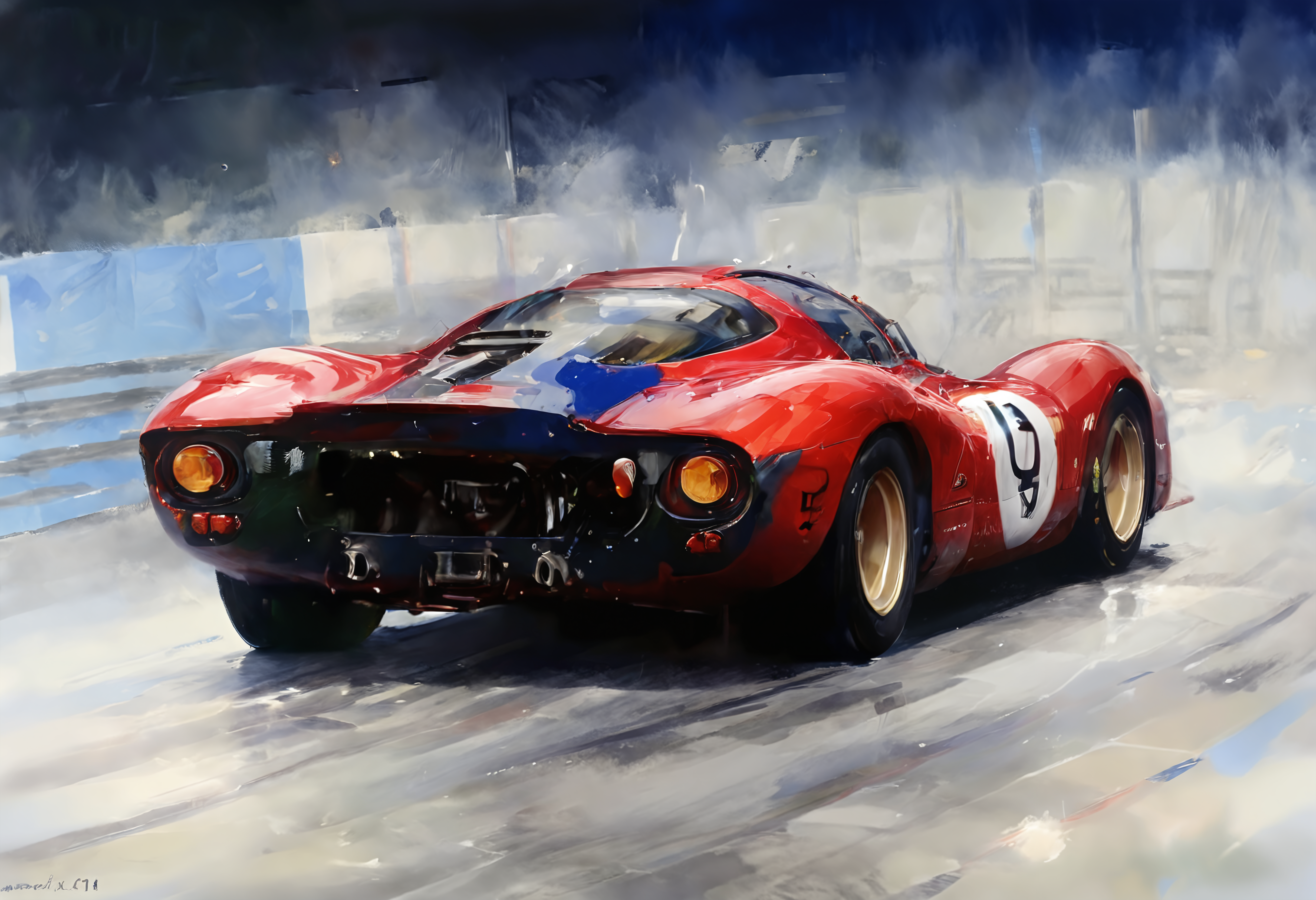 an impressionist oil and watercolor painting of a  Navy Blue ferrari312p, l960sm1deng1ne, at a race track with grandstands and racing flags and guardrails in the rain, splashes mist fog, dynamic speed motion blur, rear 3/4 view ,  low view ,  dark, chiaroscuro, low-key  low color saturation, concept art, perfect composition, masterpiece, professional photography, zeiss lens, shot on dslr 64 megapixels, sharp focus, intricately detailed, dramatic, tilt shift, f/32,