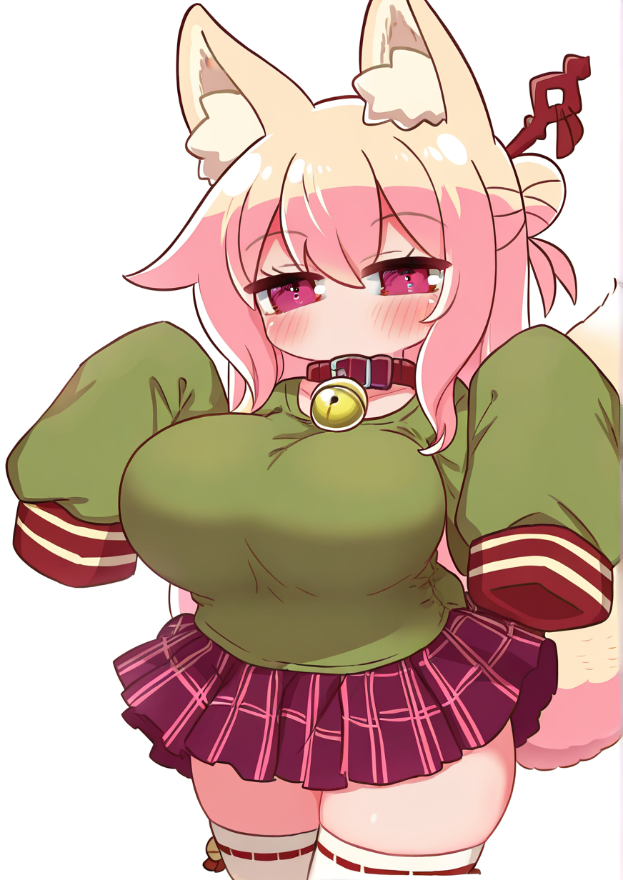 <lora:mikage:1>,1girl, kemomimi-chan (naga u), huge breasts, amber (gemstone), animal ear fluff, animal ears, bell, blonde hair, blush, brown collar, collar, fox ears, fox girl, fox tail, gem, green shirt, hair bun, hair ornament, jingle bell, long hair, long sleeves, neck bell, pleated skirt, purple skirt, red eyes, ribbon-trimmed legwear, ribbon trim, shirt, single hair bun, skirt, sleeves past fingers, sleeves past wrists, solo, tail, thighhighs, white thighhighs, 
very awa, masterpiece, best quality, newest, highres, absurdes,amazing quality