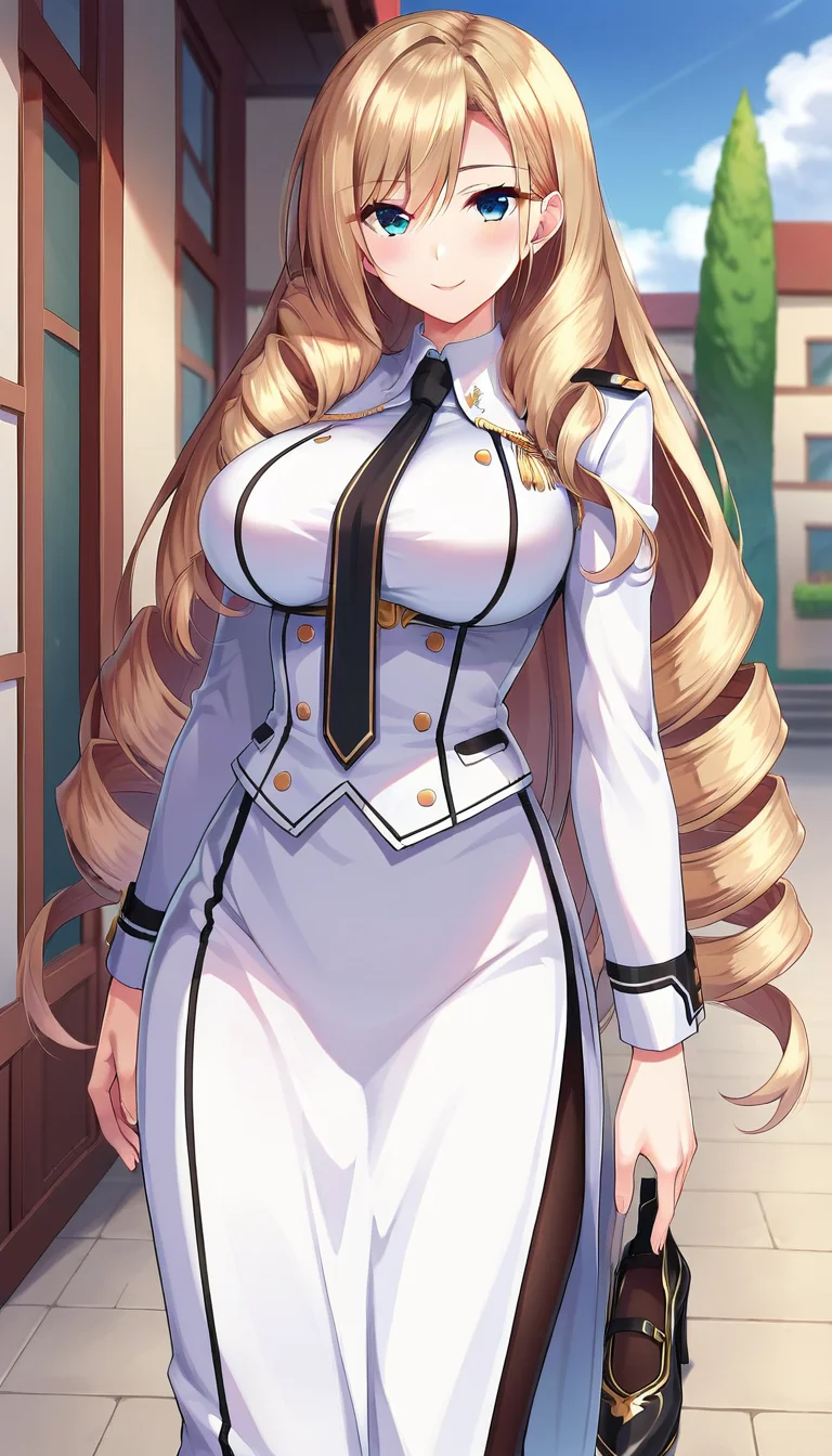 score_9,score_8_up,masterpiece,best quality,correct anatomy,anime_source,1girl,solo,perfect eyes,perfect arms,perfect legs,perfect face,outdoors,upper body,(portrait:1.5),looking at viewer,facing viewer,smile,blush,Stella Marisudia,very long hair,light brown hair,drill hair,hair over shoulder,sidelocks,hair between eyes,bangs,tsurime,blue eyes,uniform,black necktie,white jacket,white shirt,long sleeves,large breasts,long skirt,white skirt,side slit,black pantyhose,high heels,black footwear,<lora:Stella Marisudia(uq)-Pony:1.1>,