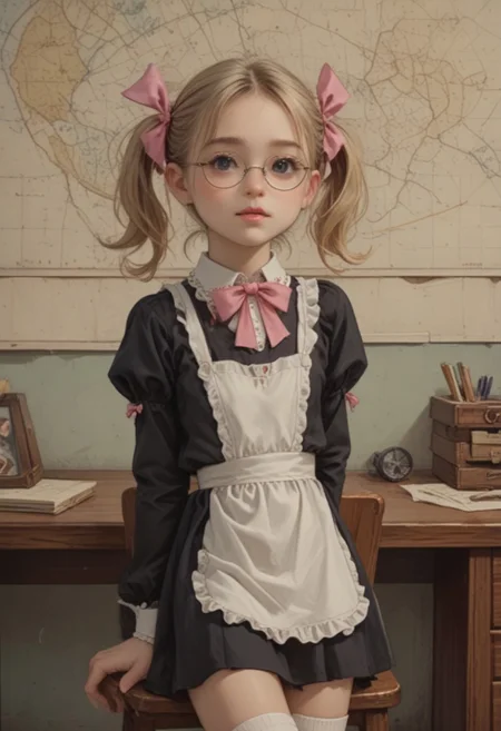 masterpiece,best quality,amazing quality, score_9, score_8_up, score_7_up, ultra sharp, beautiful face
Olya znaykina, blonde hair, twintails with pink bows, round glasses, black short minidress, white apron, shoes with white socks
, cute,
, detailed eyes,
Cowboy shot, view legs,
Desk, chair, map, blackboard,