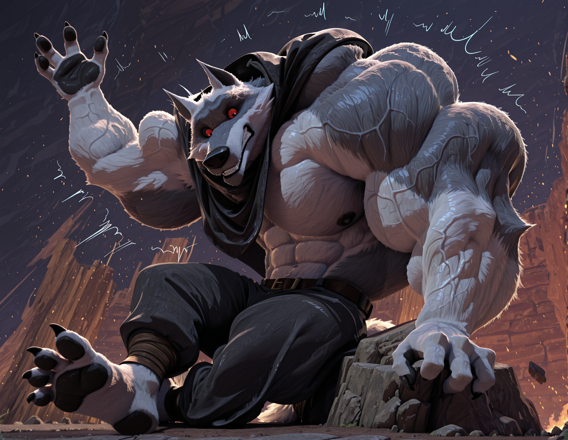 masterpiece, best quality, amazing quality, very aesthetic, absurdres, newest, high quality, detailed, male, solo male, 1boy, mature male, furry male, male, huge muscles, muscle body, muscle biceps, muscle chest, surprised expression, clenched teeth, veiny muscles, <lora:Uneven_Growth_PonyILXL:0.6>, Uneven extreme arm growth:1, Uneven hyper shoulder growth:1.2, muscles, veiny body, veins, athletic build, very hairy, foot focus, plantigrade, 4 fingers, soles, claws, six abs, sitting, on side, rock, side view, barefoot, <lora:Death_Puss_in_Boots_r1:1>, deathwolf, red eyes, wolf, black sclera, white fur, anthro, cape, <lora:add-detail-xl:0.5>, detailed eyes, perfect eyes, perfect face, detailed face, black nipples, looking down
