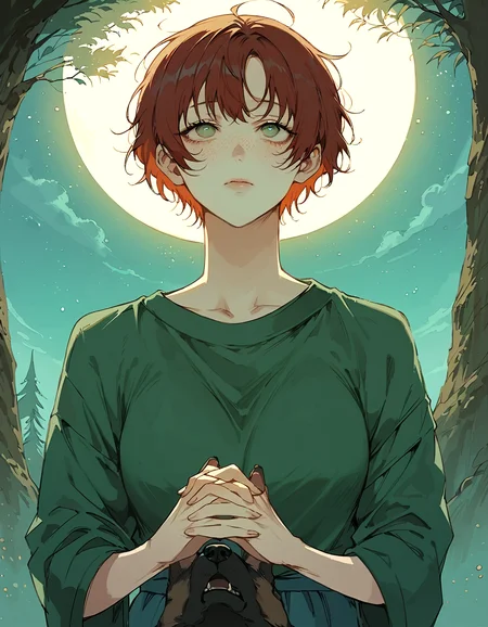 score_9, score_8_up, score_7_up, score_6_up, source_anime, masterpiece, detailed, refined, 1girl, teenager, freckles, fantasy, detailed background, (huge tree on the background), night sky, stars, green eyes, red hair, green sweater, ((holding small black dog in hands)), looking up, face centered