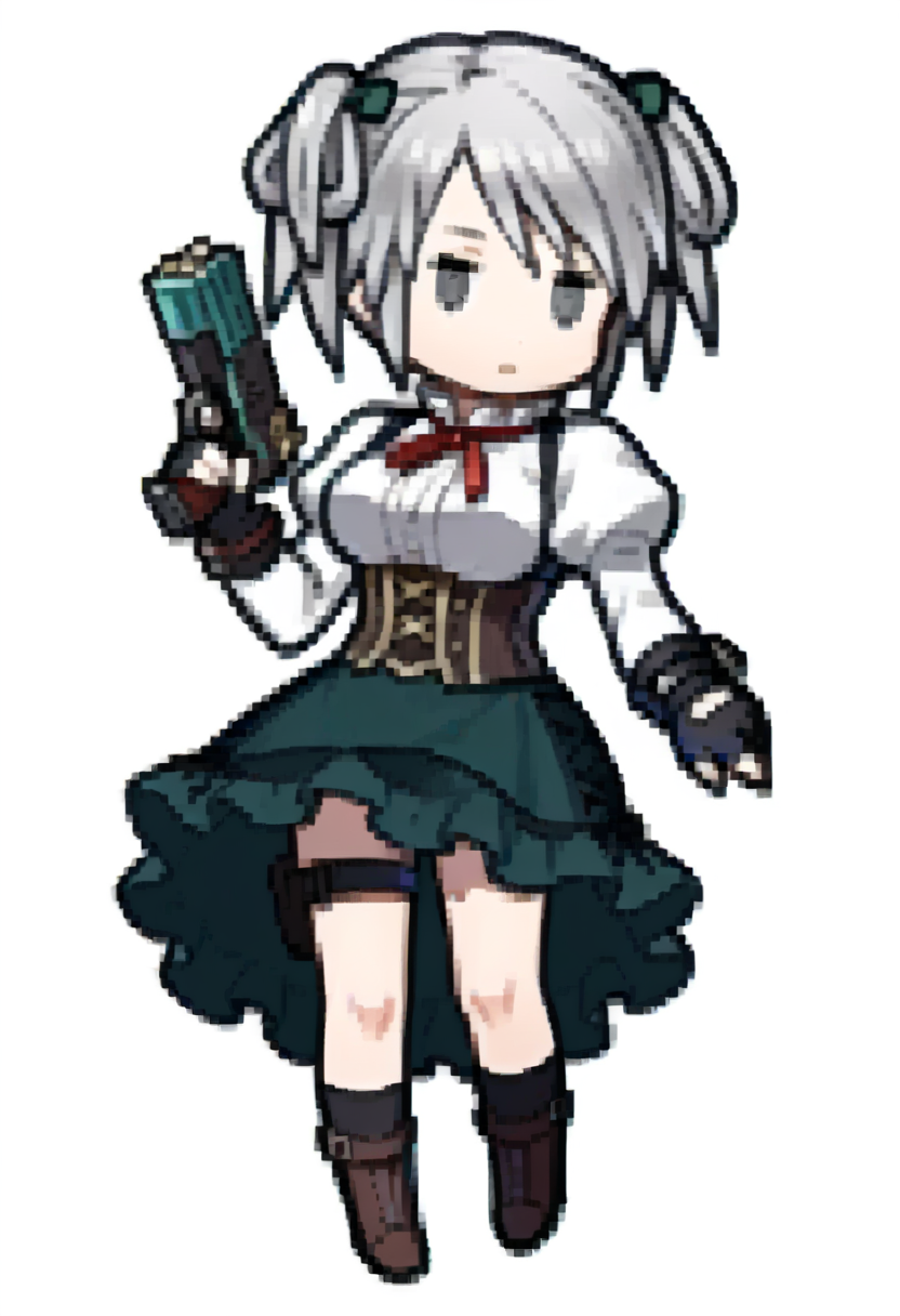 score_9, score_8_up, score_7_up, source_anime, 1girl, full body, expressionless, holding gun, <lora:Feh-Sprites-pdxl_Fp:1> simple background, chibi, full body, <lora:CielGE-pdxl:1> defCiel, grey hair, short twintails, green hair ribbon, grey eyes, red neck ribbon, white shirt, medium breasts, center frills, juliet sleeves, black gloves, fingerless gloves, black bracelet, corset, underbust, green skirt, frilled skirt, thigh strap, knee boots, brown footwear