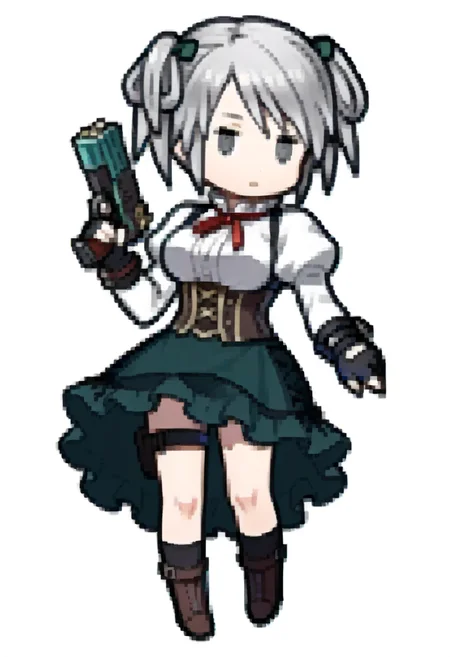 score_9, score_8_up, score_7_up, source_anime, 1girl, full body, expressionless, holding gun, <lora:Feh-Sprites-pdxl_Fp:1> simple background, chibi, full body, <lora:CielGE-pdxl:1> defCiel, grey hair, short twintails, green hair ribbon, grey eyes, red neck ribbon, white shirt, medium breasts, center frills, juliet sleeves, black gloves, fingerless gloves, black bracelet, corset, underbust, green skirt, frilled skirt, thigh strap, knee boots, brown footwear