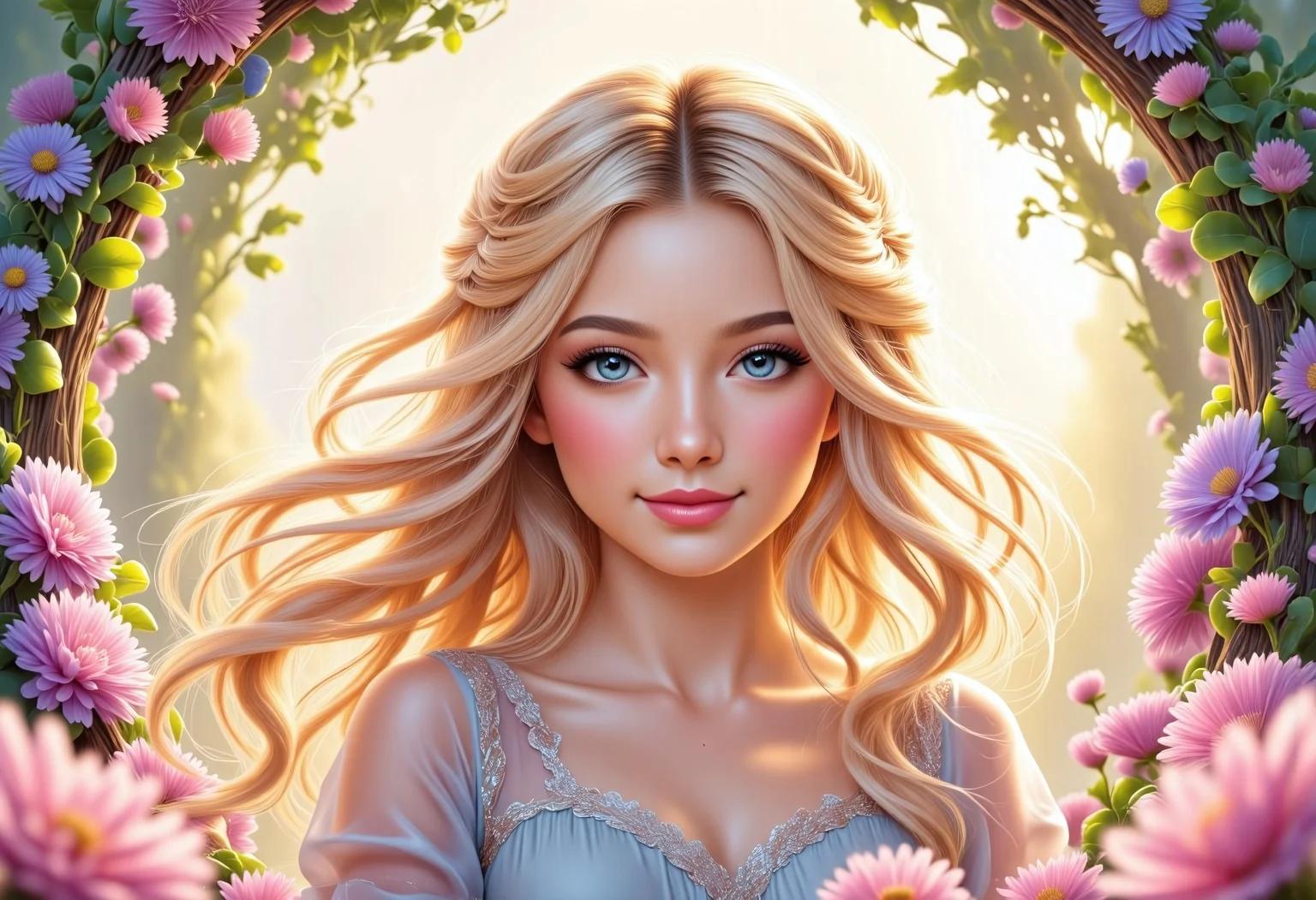 Generate an image of an attractive, cute adult blonde anime character. She should have:
- Long, flowing blonde hair with a natural, gentle style.
- Large, expressive blue or green eyes with a kind, inviting look.
- A small, cute nose and a warm smile.
- Wearing a light, airy pastel-colored dress, modest and SFW, with floral or lace details.
- Posed in a playful yet elegant manner, perhaps with a small animal like a bird or rabbit.
- Set in a dreamy, magical garden or forest at dawn or dusk, with soft, glowing light enhancing her features.
- The mood should be serene, magical, and filled with a sense of purity and beauty.