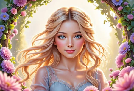 Generate an image of an attractive, cute adult blonde anime character. She should have:
- Long, flowing blonde hair with a natural, gentle style.
- Large, expressive blue or green eyes with a kind, inviting look.
- A small, cute nose and a warm smile.
- Wearing a light, airy pastel-colored dress, modest and SFW, with floral or lace details.
- Posed in a playful yet elegant manner, perhaps with a small animal like a bird or rabbit.
- Set in a dreamy, magical garden or forest at dawn or dusk, with soft, glowing light enhancing her features.
- The mood should be serene, magical, and filled with a sense of purity and beauty.