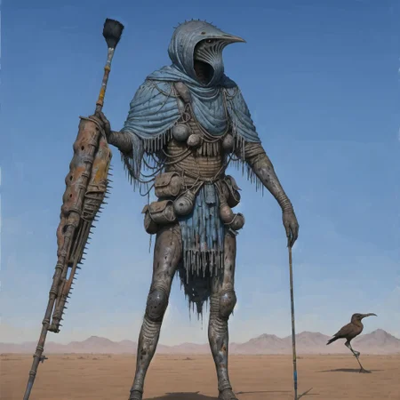 <lora:arielp:1.0>,
(arielpstyle:1.0), dark, horror, creepy, creepy-looking, painting, lovecraftian, grease, painting \(medium\), drawing, brush stroke,
a man in a desert with a giant bird like creature on his back and a hood on his head, sky, day, desert, solo, blue sky, 1other, outdoors, full body, weapon, standing