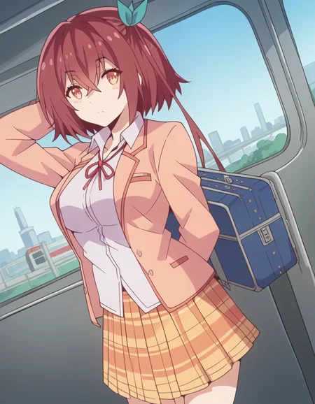 score_9, score_8_up, score_7_up, source_anime, <lora:mao-nanjou-s1-ponyxl-lora-nochekaiser:1>, mao nanjou, long hair, orange eyes, red hair, side ponytail, large breasts,, skirt, school uniform, jacket, plaid, plaid skirt, blazer,, train station, waiting for train, suitcase, traveling, commute, city skyline, hands behind back,, , looking at viewer, hand behind head, , solo,, cowboy shot, dutch angle