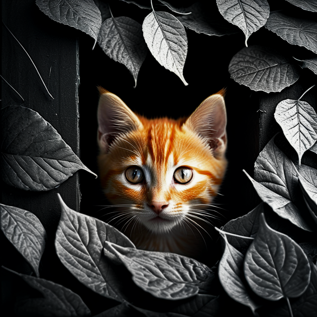 cinematic dark monochrome photo adorable orange tabby kitten peeking out from a pile of autumn leaves, photograph portrait, <lora:Into_Darkness:1>