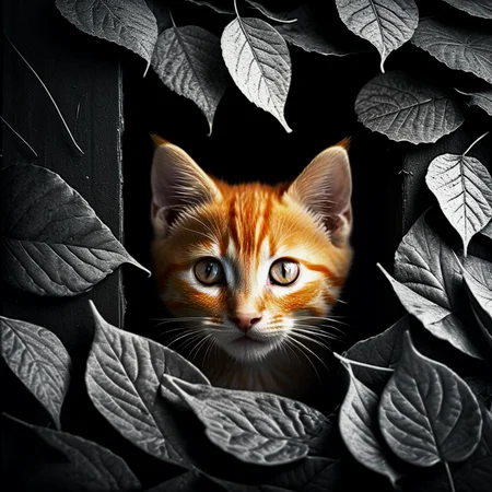 cinematic dark monochrome photo adorable orange tabby kitten peeking out from a pile of autumn leaves, photograph portrait, <lora:Into_Darkness:1>