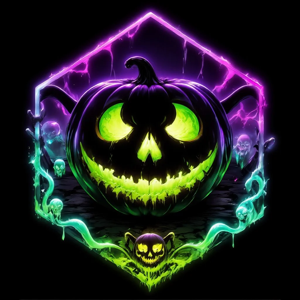 Hexagon Emblem, Within the hexagonal frame, a carved pumpkin glows with neon green and fluorescent purple against a dark backdrop. Its eyes and grin emit vibrant hues, and an explosion of intertwining neon colors spirals outward, forming ghostly shapes that symbolize rebellion and the fusion of technology with life. This emblem merges the Halloween spirit with the essence of a digital revolution, reflecting the electrifying pulse of neon-lit streets.