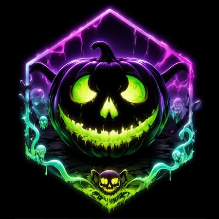 Hexagon Emblem, Within the hexagonal frame, a carved pumpkin glows with neon green and fluorescent purple against a dark backdrop. Its eyes and grin emit vibrant hues, and an explosion of intertwining neon colors spirals outward, forming ghostly shapes that symbolize rebellion and the fusion of technology with life. This emblem merges the Halloween spirit with the essence of a digital revolution, reflecting the electrifying pulse of neon-lit streets.