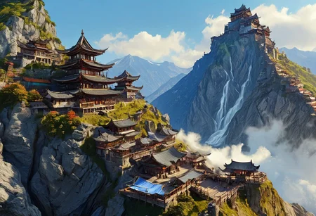 An establishing shot of a fantasy supertower dungeon with focus on an extremely detailed panoramic background view of a vast mountain range with towering backlit peaks, light reflecting through mist, and megastructures on the horizon. Intriguing stunning mysterious epic magical fantasy scene. Hyperrealistic, mixed media, ultra-detailed, ray-traced, award-winning, light leaks, lens flare, volumetric light scattering, subsurface scattering, implied motion, deep depth of field, colorful, complementary colors, color graded