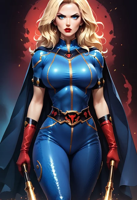 MILF, 32 years old, blonde hair, black leather vampire cape, large saggy breasts, sloppy wavy hair, sexy red boots, revealing outfit, red lips, mascara, eyelashes, hourglass figure, strong, big blue eyes, seductive, mature female, m1lfm3t3r, anezaki mamori, masterpiece, highest quality, realistic skin texture:1.5, high, tear shaped boobs, drow ranger, drow ranger \(dota2\), Masterpiece, 32k, photorealistic:1.4, score_9, score_8_up, score_7_up, small waist, wide hips, high cheekbones, oval face, slim waist, wide hips, thick thighs, full hips, DARK SIDE \(PICTURE BOOK\), NO FACE, colorful background, vivid colors, volumetric light, cinematic light, extremely detailed, bgbrda, top, bodysuit, helmet, armlet, bracelet, gloves, chainmail, skirt, boots, holding weapon, holding rod, dynamic pose. eminatristan.