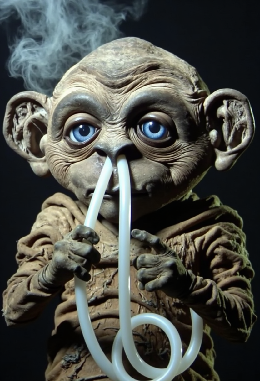 A photo of Nukie the knockoff alien snorting drugs through the bong hoses shoved into his nostrils