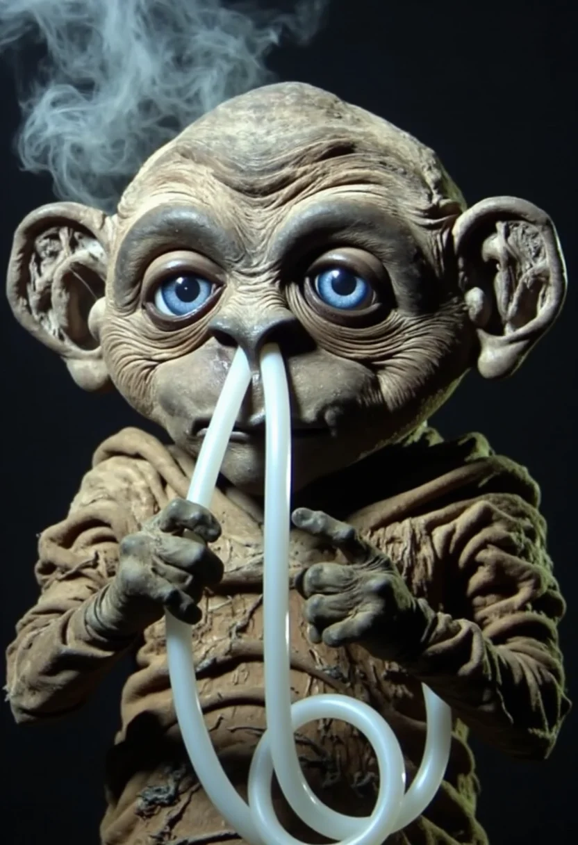 A photo of Nukie the knockoff alien snorting drugs through the bong hoses shoved into his nostrils