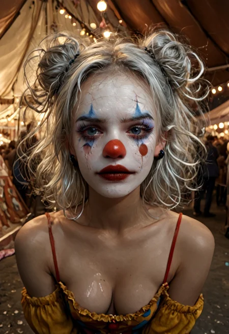 (masterpiece, intricate:1.3), (best quality, hires textures, high detail:1.2), (incredibly detailed:1.4), hyperrealistic, photorealistic, ultra detail, ultra realistic, 8k, HDR, absurdres, RAW, high quality photography, realistic, real life, very detailed background , cinematic lighting, volumetric lighting, 1girl, smile, perfect anatomy, detailed face, highly detailed, extremely detailed eyes and face, perfect body, perfect eyes,
Clown girl,(tattos:1.5), Clown, Clown makeup, clown costume, solo, sad, white hair tied in two high buns with large red ribbons, blue eyes,(white makeup, clown makeup, red mouth, red nose, marked eyebrows high, colorful clown costume, red clown nose,), looking at viewer, medium breasts with eraser nipples, wearing a clown costume with deep cleavage, bare shoulders, off shoulders, nipslip, downblouse, brown nipples, black heart earrings, outside the circus tent, crowded in the background, pop corn machine, ticket stall, colorful lights, circus background