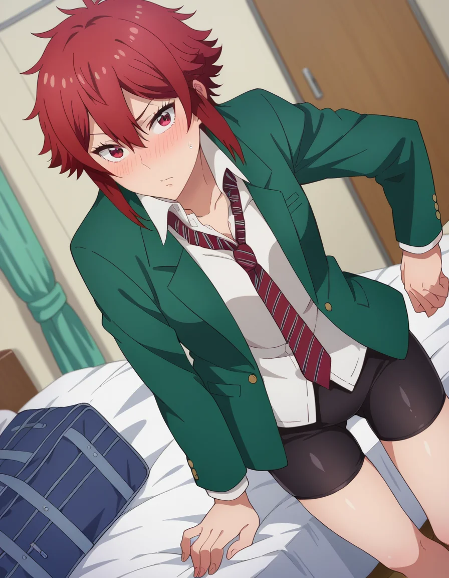 score_9, score_8_up, score_7_up, source_anime,
tomoaizawa, <lora:tomo-aizawa-ponyxl-lora-nochekaiser:1>,
tomo aizawa, short hair, red eyes, hair between eyes, red hair,
skirt, shirt, school uniform, jacket, white shirt, pleated skirt, necktie, striped, black skirt, blazer, red necktie, school bag, green jacket, striped necktie, green blazer, bike shorts,
indoors, bed, bed room, on side, blush, drunk,
looking at viewer, dutch angle, cowboy shot,